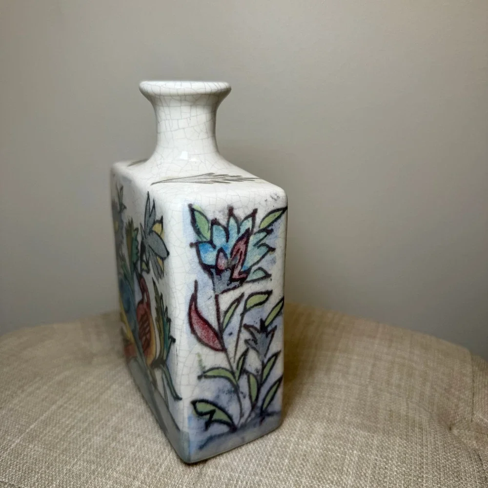 Pottery Barn Mini Iznik Square Vase Crackle Glaze Deer Birds Floral Stoneware
